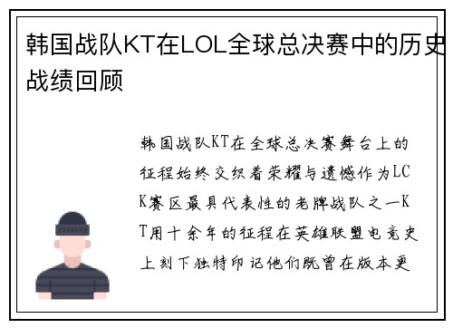 韩国战队KT在LOL全球总决赛中的历史战绩回顾